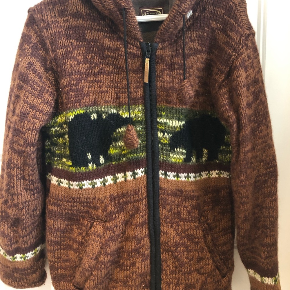 Brown Hooded Knit Puffer Jacket with Black Bear Accent